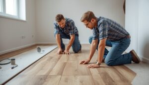 Homens instalando piso laminado