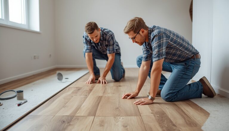 Homens instalando piso laminado